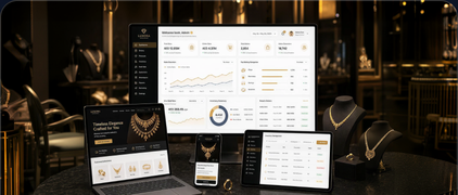 A jewellery showroom dashboard shown across a monitor, laptop, tablet and phone